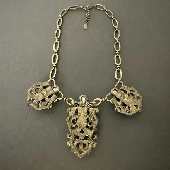 BaubleBar Statement Necklace Crystal Accents Antique Gold-Tone Links Adjustable - Picture 10 of 14